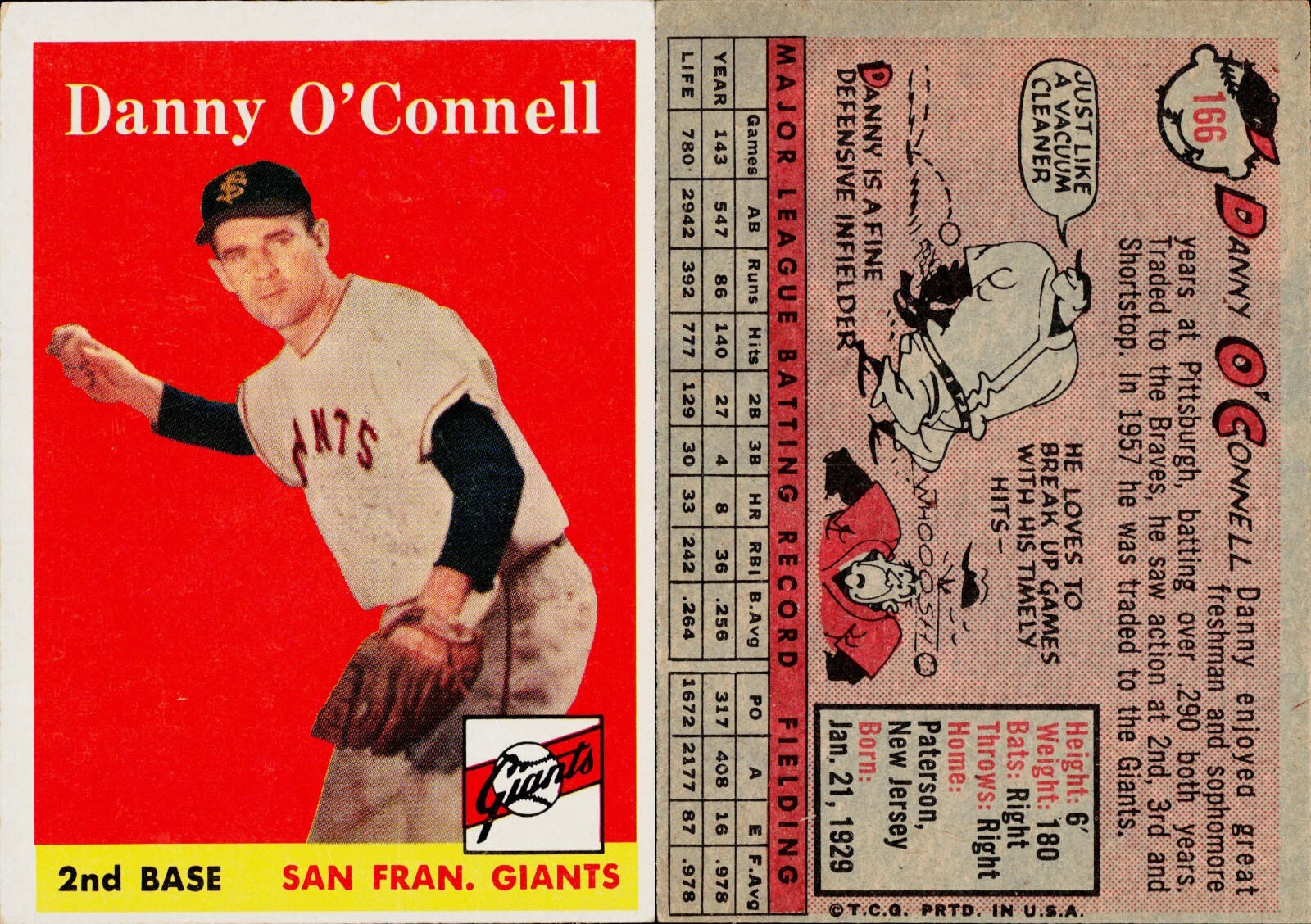1958 Topps Baseball Card #166 Danny O'Connell San Francisco Giants