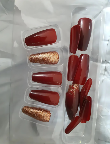 24pcs Reusable False Press-On Nails - Burgundy and Gold Glitter, Square Shape - Picture 10 of 13