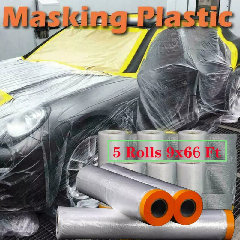 5 Packs 9 66ft Tape Drape Pre taped Film for Car Covering Painting Masking