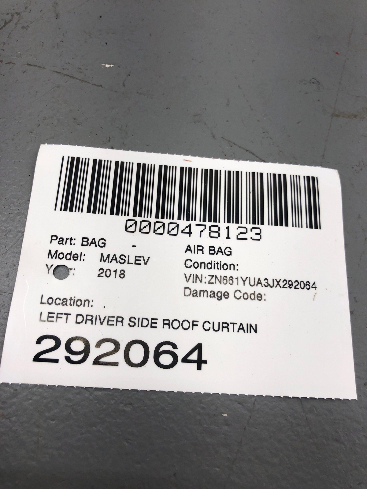 2017-2022 MASERATI LEVANTE LEFT DRIVER SIDE ROOF CURTAIN AIRBAG OEM 2018 2019