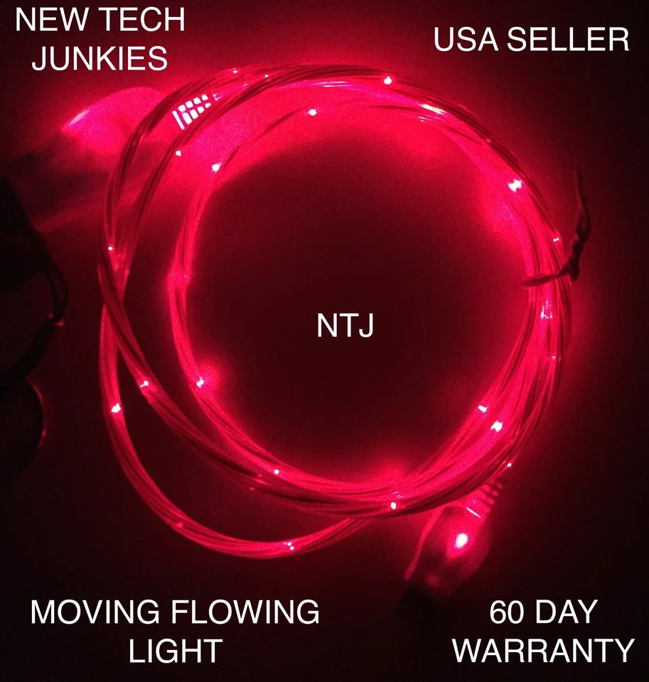 FLOW MOVING LIGHT glow LED data charger cable for iPhone 4 5c 6s 7 8 X MICRO USB - Image 2 of 4