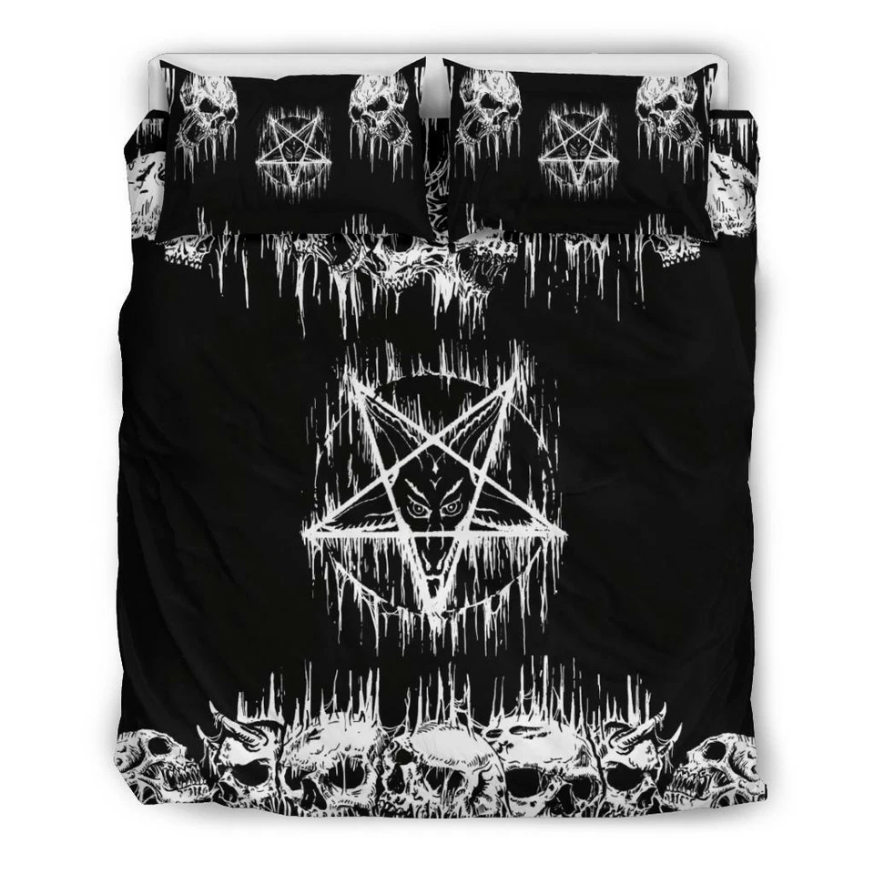Juego de edredón oculto pentagrama de fusión invertido calavera satánica ropa de cama Baphomet Foto 4 de 4