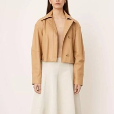 Vince Scoop Cropped Leather Flight Jacket In Caramel Size S