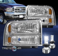 Fit 1999-04 Ford F250 F350 Super Duty Replacement Headlight Chrome +LED Bulb Kit