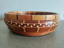 Wood Bowl HANDMADE HAND TURNED MULTI COLOR INLAY Fruit Trinket DISH 8.5"X2.5" (A