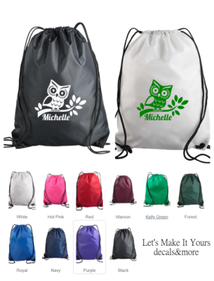 OWL W/ NAME CUSTOM MADE DRAWSTRING BACKPACK CINCH SAC GYM GIFT BAG