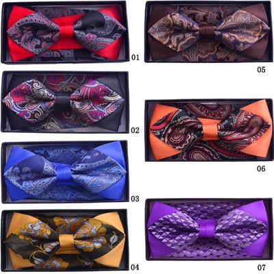 Men's Two Layer Design Bow Tie & Handkerchief Set with Gift Box BT-5