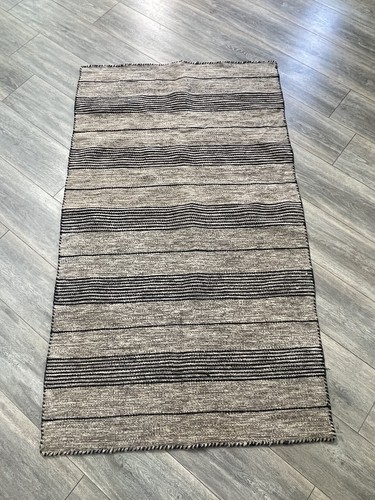 Wool Rug Handwoven Black Beige Rectangle Handcrafted Boho Southwestern