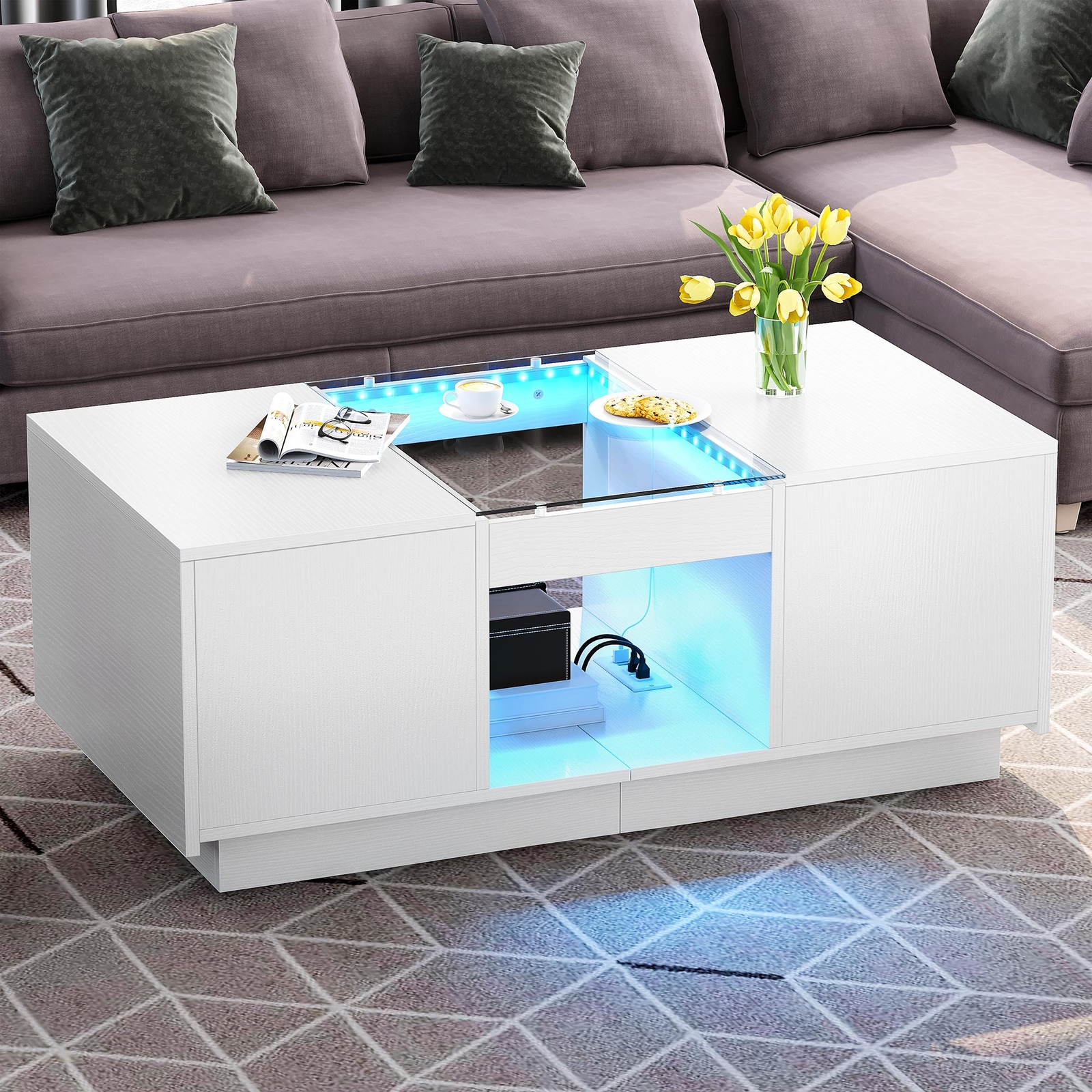 Modern LED Coffee Table with Power Outlets White 2 Drawers Living Room
