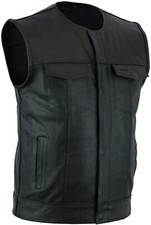 Men's Motorcycle SOA Club Leather Vest Bikers Solid Black Concealed Carry Arms