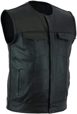 Men's Motorcycle SOA Club Leather Vest Bikers Solid Black Concealed Carry Arms 