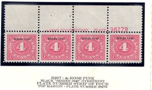 U.S. - R267 - Plate Number Strip of 4 - Very Fine - Never Hinged