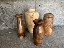 Wood Turned Vase Lot Of 4 Dark Light Wood Walnut Natural Signed Farmhouse Rustic