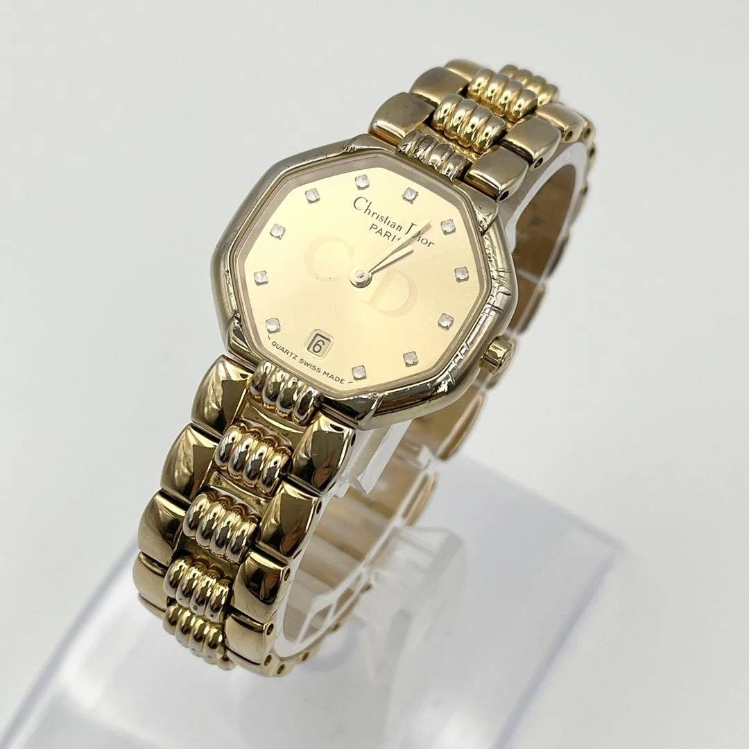 Montre femme Christian Dior octogonale avec date, 11 pierres, authentique, occasion