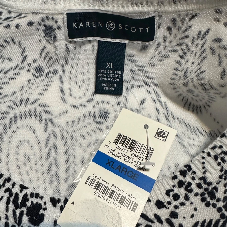 Cardigã suéter feminino Karen Scott XL paisley azul branco preppy casual novo com etiquetas - Imagem 3 de 4