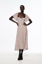 Zara Blue Red Floral Smocked Midi Dress Flutter Sleeves Medium