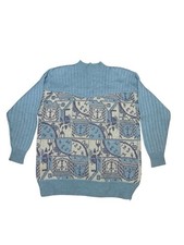 Vintage Blue Patterned Knit Sweater   Geometric Jacquard Design   Size Large