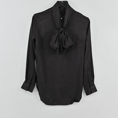 Adam Lippes Satin Tie Neck Blouse Womens Size 4 Black Bow Top Old Money Preppy
