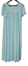 Miss Elaine Classics Aqua Nylon Nightgown XL Flutter Sleeve Embroidered NWT