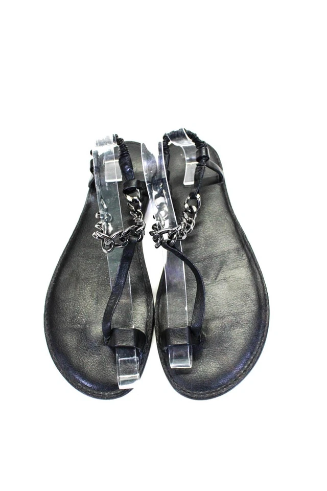 Sandalias planas BCBG Max Azria para mujer con cadena de cuero con correa en T negras talla 7,5 Foto 2 de 4