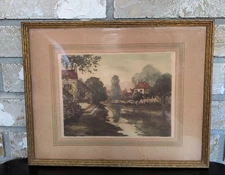 Vintage Watercolor Painting Old Mill Landscape Print Signed Matted Framed Patina