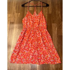 American Eagle Floral Satin Mini Dress Red Coral V-Neck Button Front Size 6