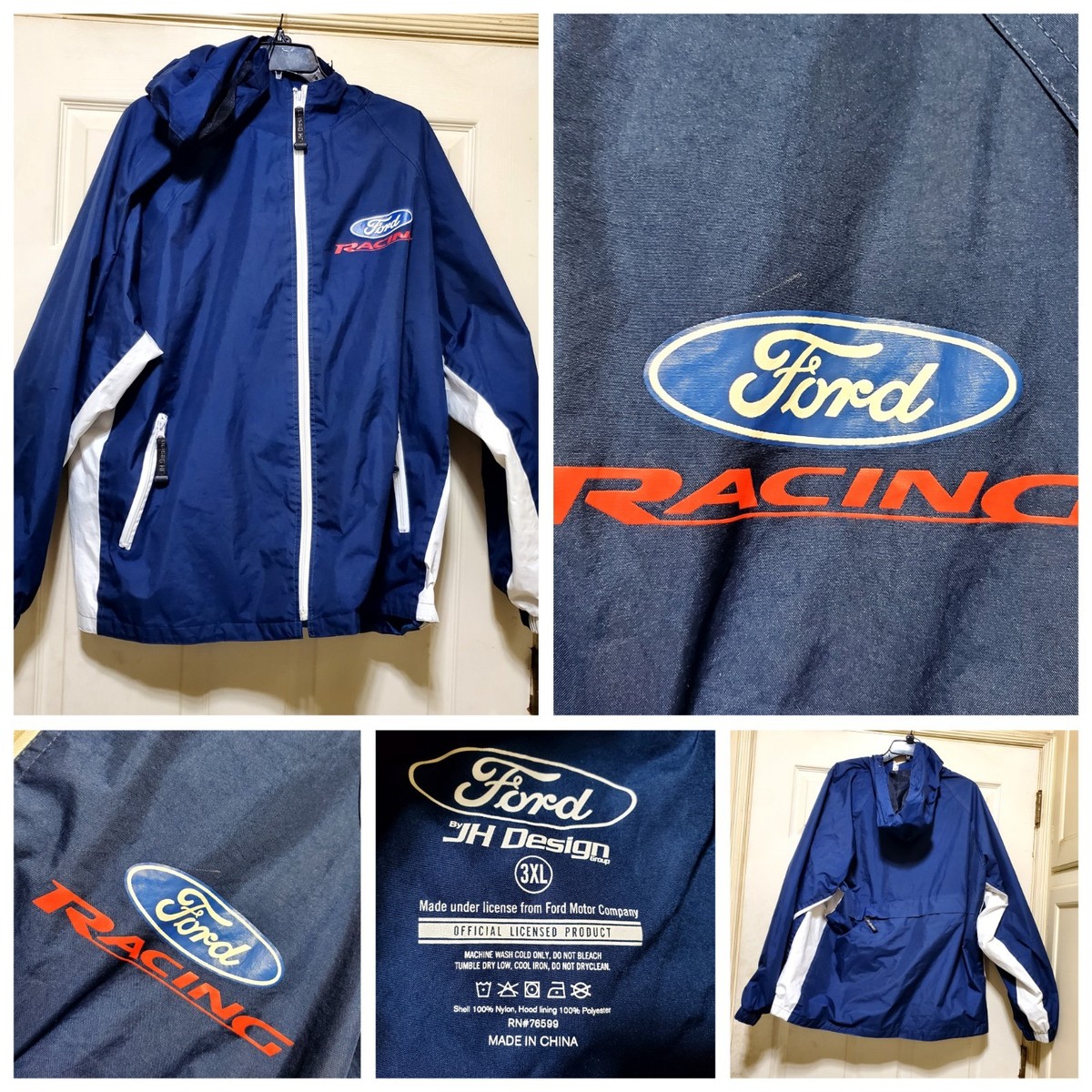 Ford Racing Jacket Men 3XL Blue White Hooded Windbreaker JH Design