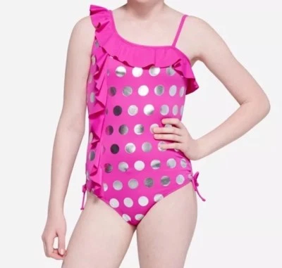 Justice Girls Size 10Pink & Silver Foil Polka Dot Ruffle One-Piece Swimsuit NEW - Image 1 of 3