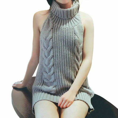 Women Backless Sleeveless Virgin Killer Pullover Cosplay Sweater Turtleneck Knit - 第 3/8 張圖片