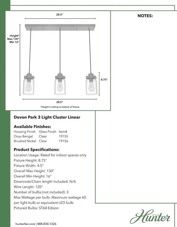 Island Pendent - 3 luces de níquel cepillado de la colección Devon Park - Hunter Foto 4 de 4