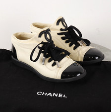 Chanel CC Logo Leather Beige with Black Cap Toe Sneakers Size 36