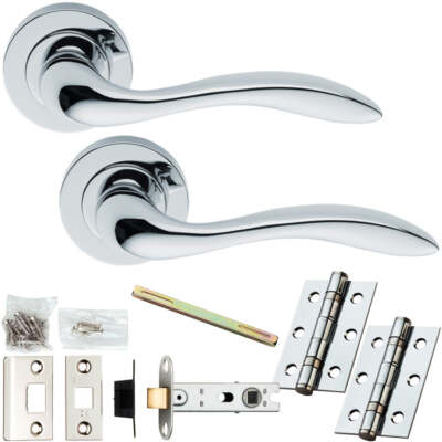 Türdrücker & Riegel Paket - Chrom poliert - glatter Rollhebel auf runder Rose