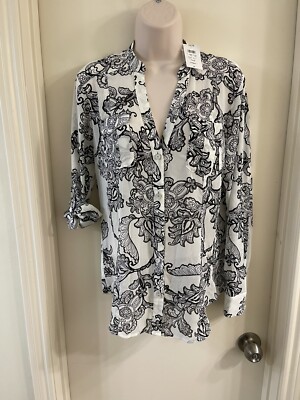 CACHE Black & White Sheer Roll Tab Long Sleeve Blouse  Size S NWT   
