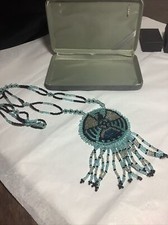 Vintage Handmade Native American Beaded Medallion Necklace 14  Long. Blue