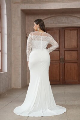 Ladies PlusSize Long Sleeved Mermaid Wedding Dress Beach O-neck Lace Bridal Gown | eBay Ladies PlusSize Long Sleeved Mermaid Wedding Dress Beach O-neck Lace Bridal Gown | eBay