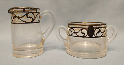Heisey Glass Open Sugar and Creamer with Silver Overlay and Cut Design