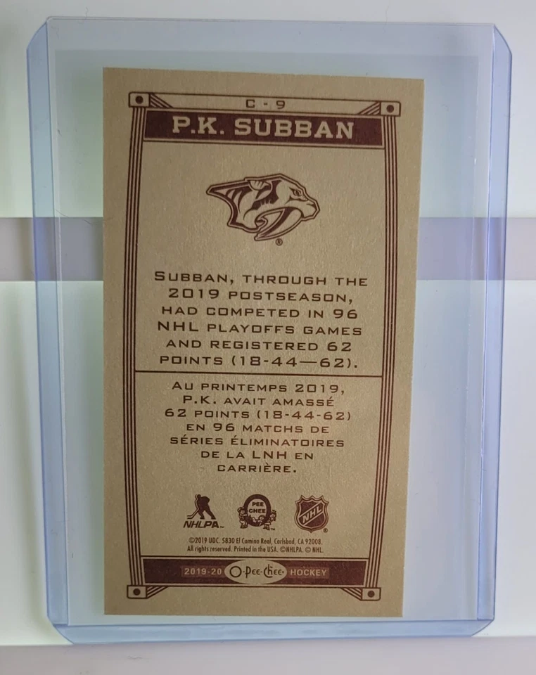 P.K. Subban O-Pee-Chee Tallboy Cream 2019-20 O-Pee-Chee Hockey NHL Card C-9 - Image 2 of 2