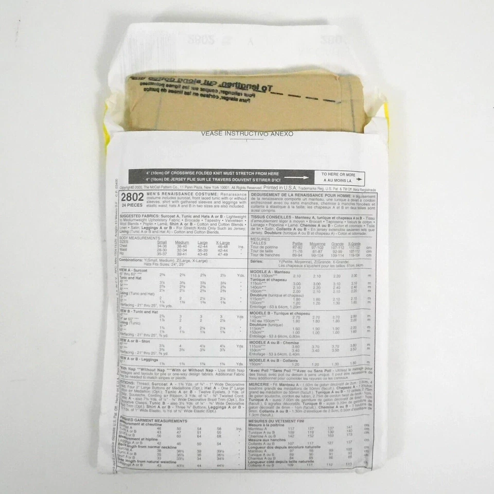 McCalls 2802 Mens Renaissance Costume Sewing Pattern Size S-M Uncut Surcoat Hat - Image 3 of 4