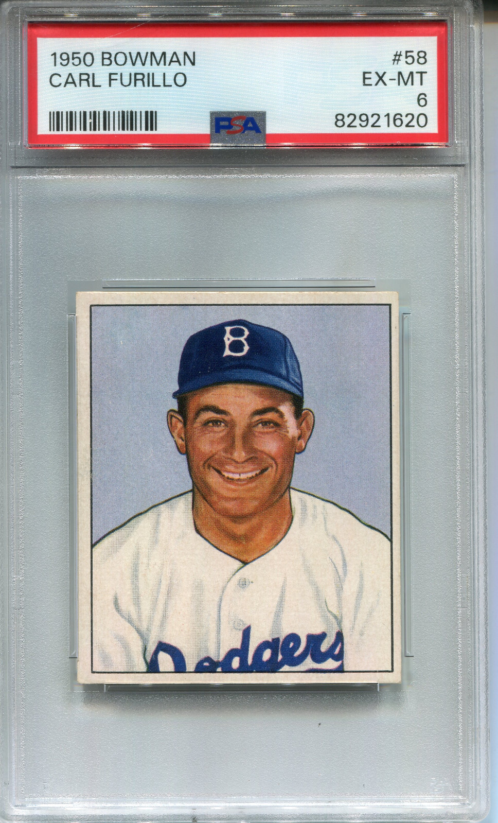 1950 Bowman #58 Carl Furillo PSA 6 EX-MT Brooklyn Dodgers