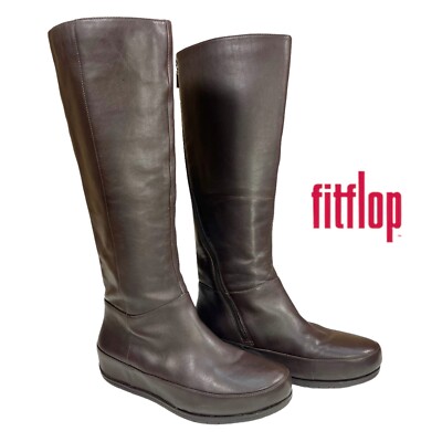 Fitflop Superboot Tall Brown Leather Knee High Boots Full Zip