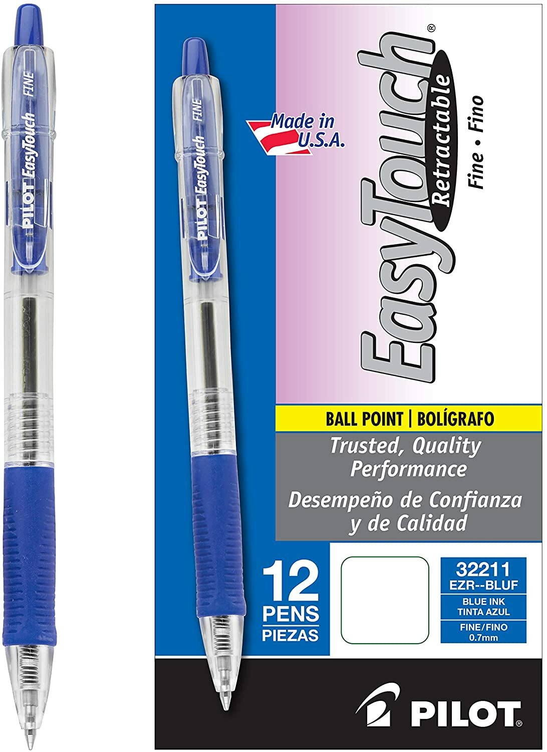 EasyTouch Refillable & Retractable Ballpoint Pens, Fine Point, Blue Ink, 12-Pack