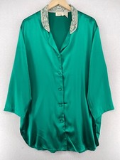 VICTORIAS SECRET Nightshirt M Satin Gold Label Pajama Top Lace Collar VTG Green