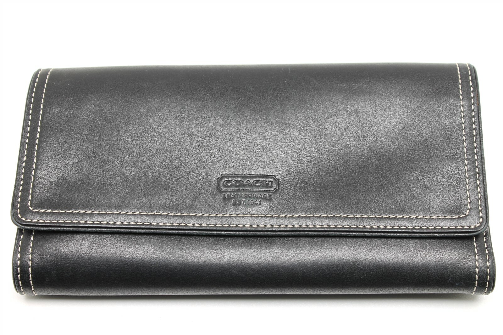 COACH Black Leather Trifold Wallet Clutch Gem