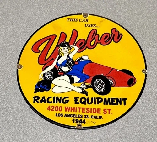 VINTAGE 12” 1944 WEBER RACE PORCELAIN SIGN CAR GAS OIL TRUCK AUTO MOTORCYCLE