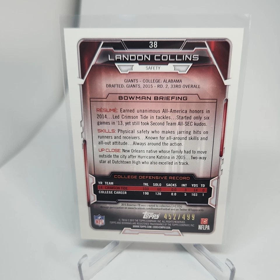 2015 Bowman Landon Collins Rookie RC Blue /499 #38 Crimson Tide New York Giants - Image 4 of 4