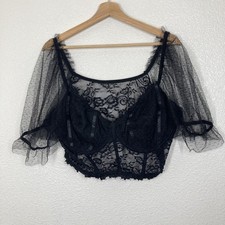 Corset Top Womens 3XL Black Lace Mesh Puff Sleeve Sheer Crop Bustier Lingerie
