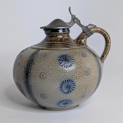 Wim Mühlendyck West German Stoneware Jug w/ Pewter Lid, Thistle Relief 405