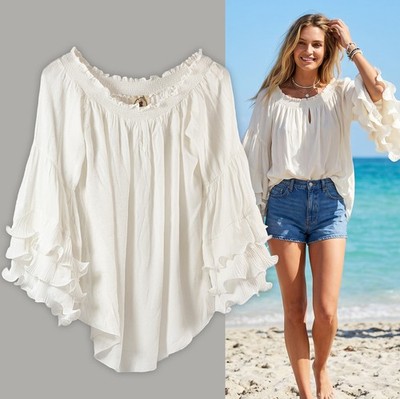 Muche & Muchette OS Boho Blouse Ivory Tiered Ruffle Sleeve Coquette Cottage NWOT