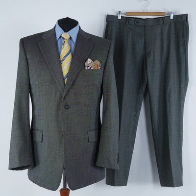 Mens Check Suit 46R US Size Trousers W39 L30 ROY ROBSON Grey Wool 2 Piece