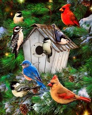 35" Digital Fabric Panel - David Textiles Cardinal Bird Birdhouse  Pine Scene